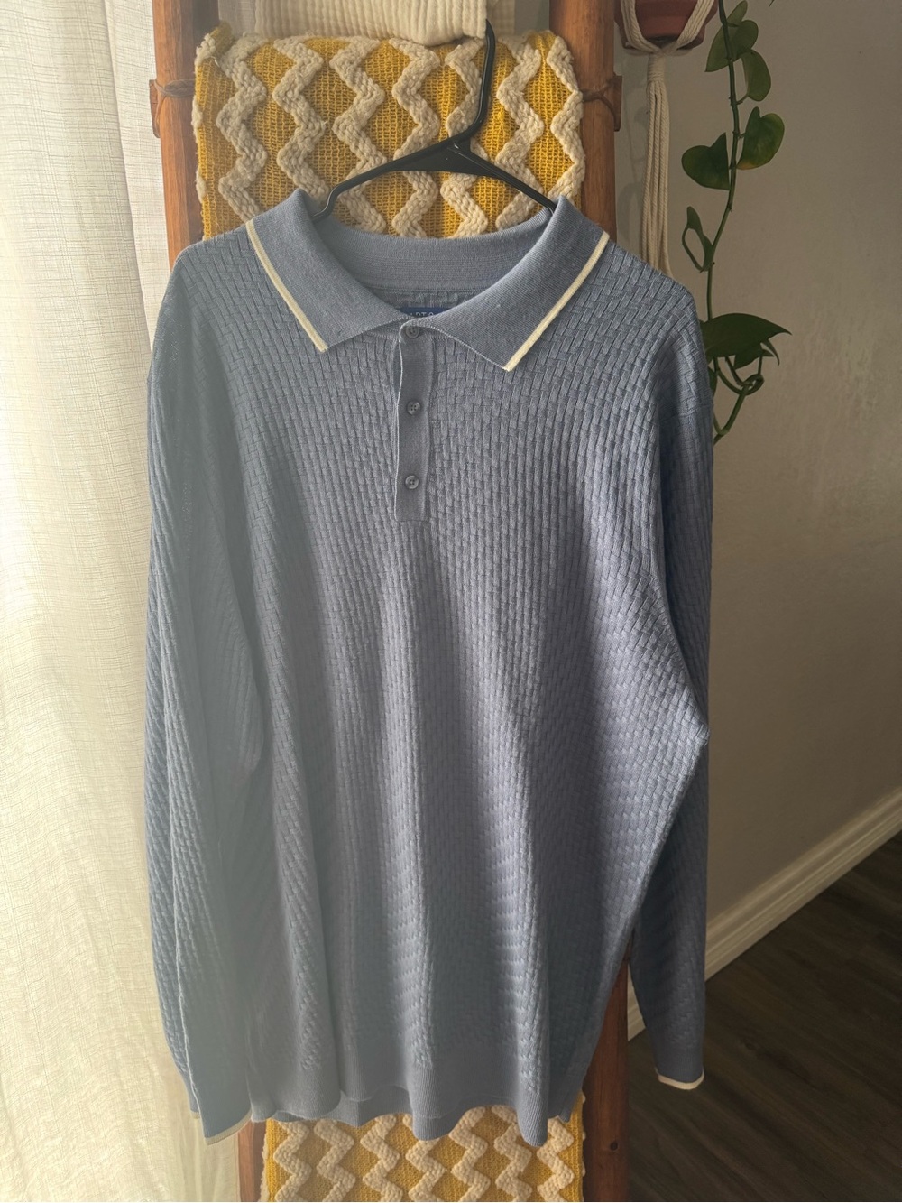 Apt. 9 Long-Sleeve Knit Polo in Light Blue with Cream Trim